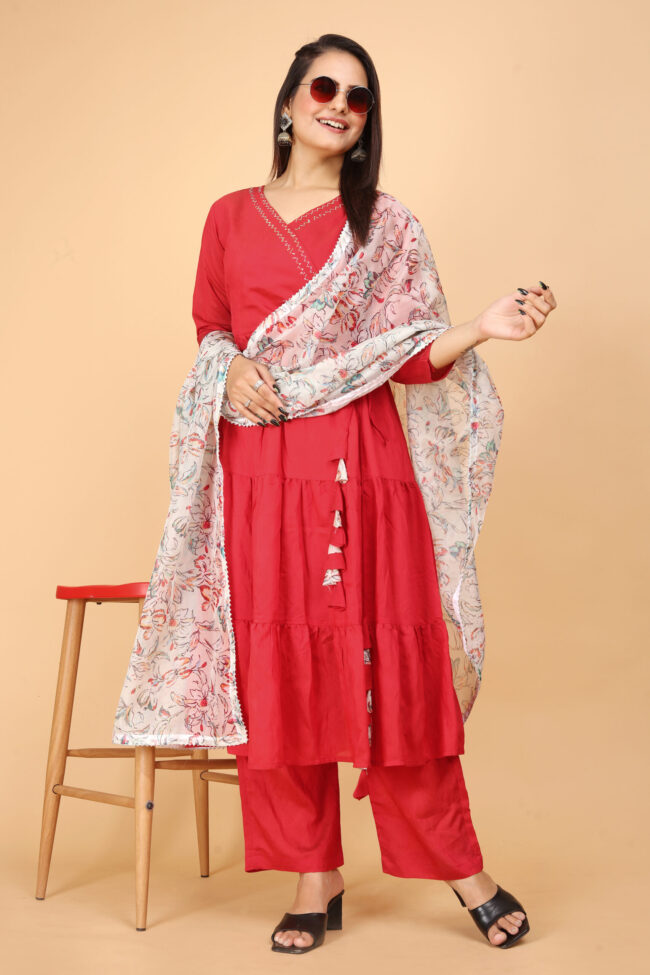 Hot red kurti with designer printed duptta - Image 2