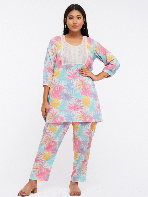 Women's Designer Coord Set in Light Pastel Color with Hand Embroidered Neckline