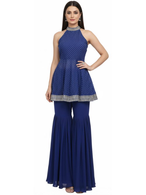 Blue Lahriya Georgette Designer Dress | Halter Neck Set