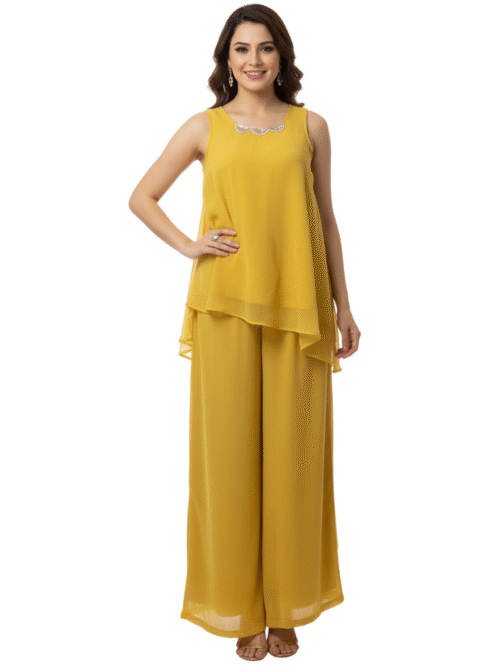 Trendy Women Cord Set | Georgette High-Low Top & Pant